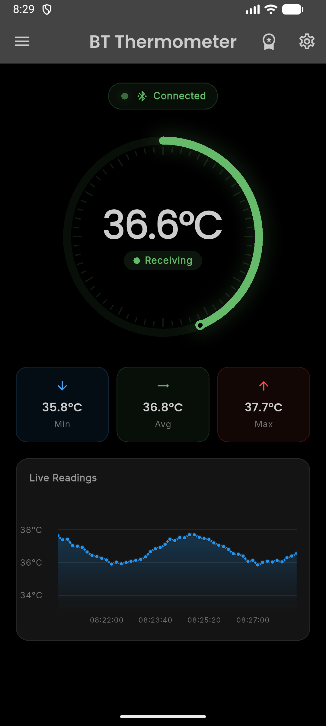 Bluetooth Thermometer home screen showing 36.6°C reading with live graph